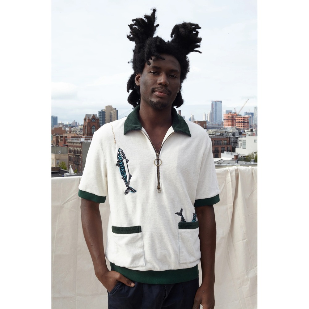 Tombolo The Angler Cabana Shirt Men Cream Green Fish Embroidery Retro XL Style